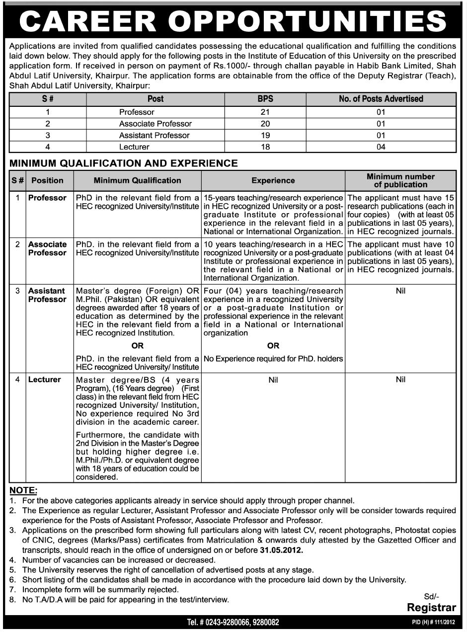 Professors, Associate Professors and Lecturers required at Shah Abdul Latif University