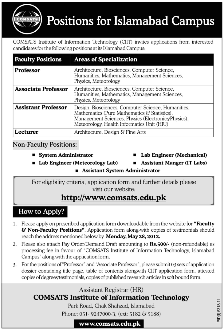 Teaching Faculty and Non-Teaching Faculty Required at CIIT COMSATS