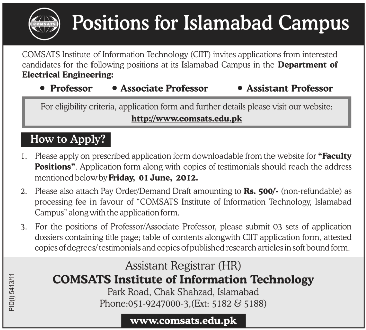Faculty Staff Required at COMSATS