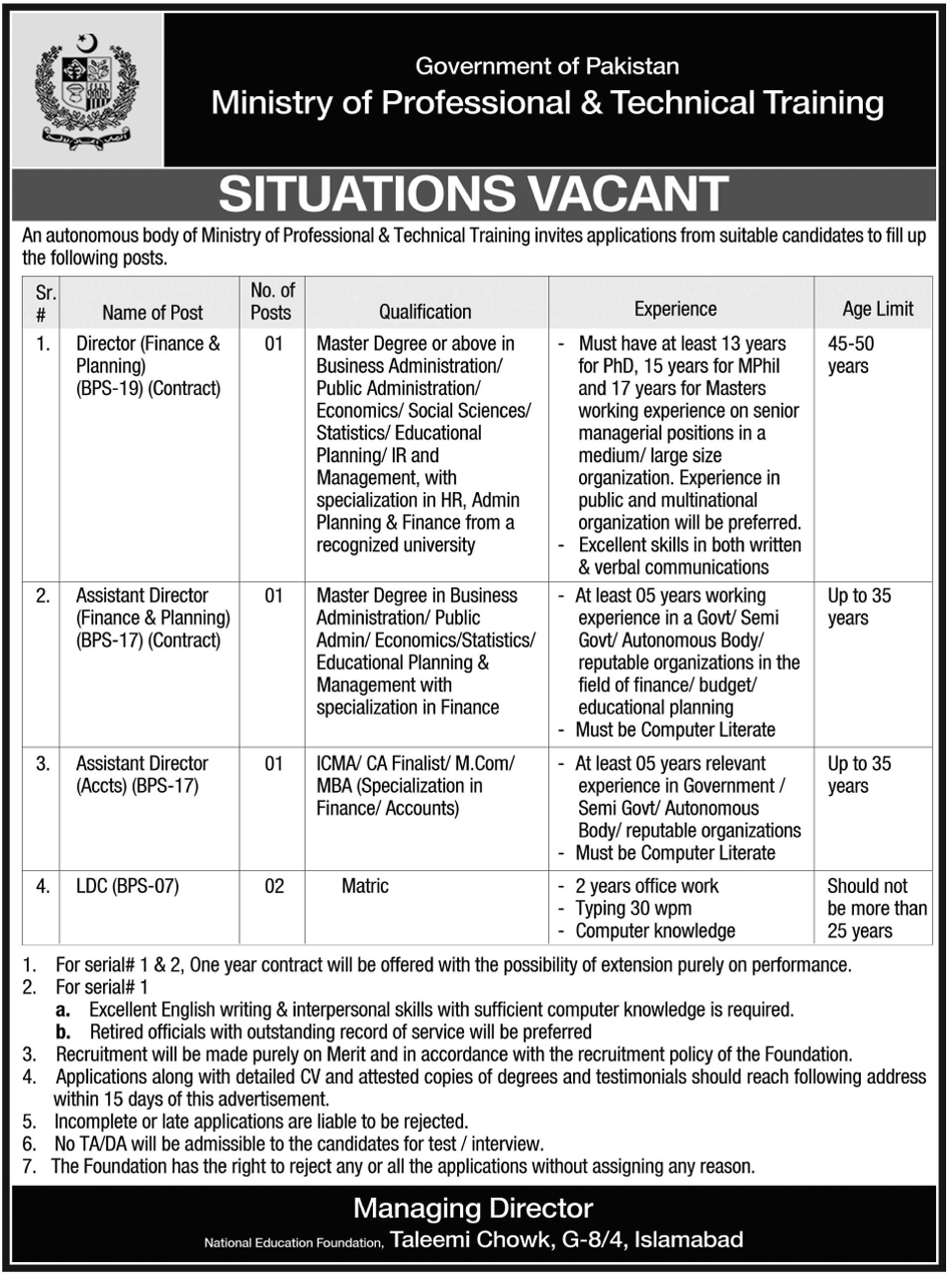 Directors Required at Ministry of Professional & Technical Training (Govt. job)