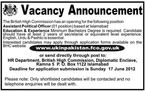 Assistant Political Officer Required at British High Commission