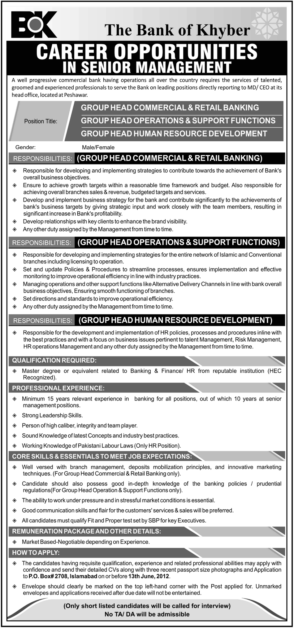 Senior Management Staff Required at The Bank of Khyber