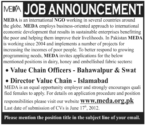 Management Officers Required at MEDA (N.G.O)