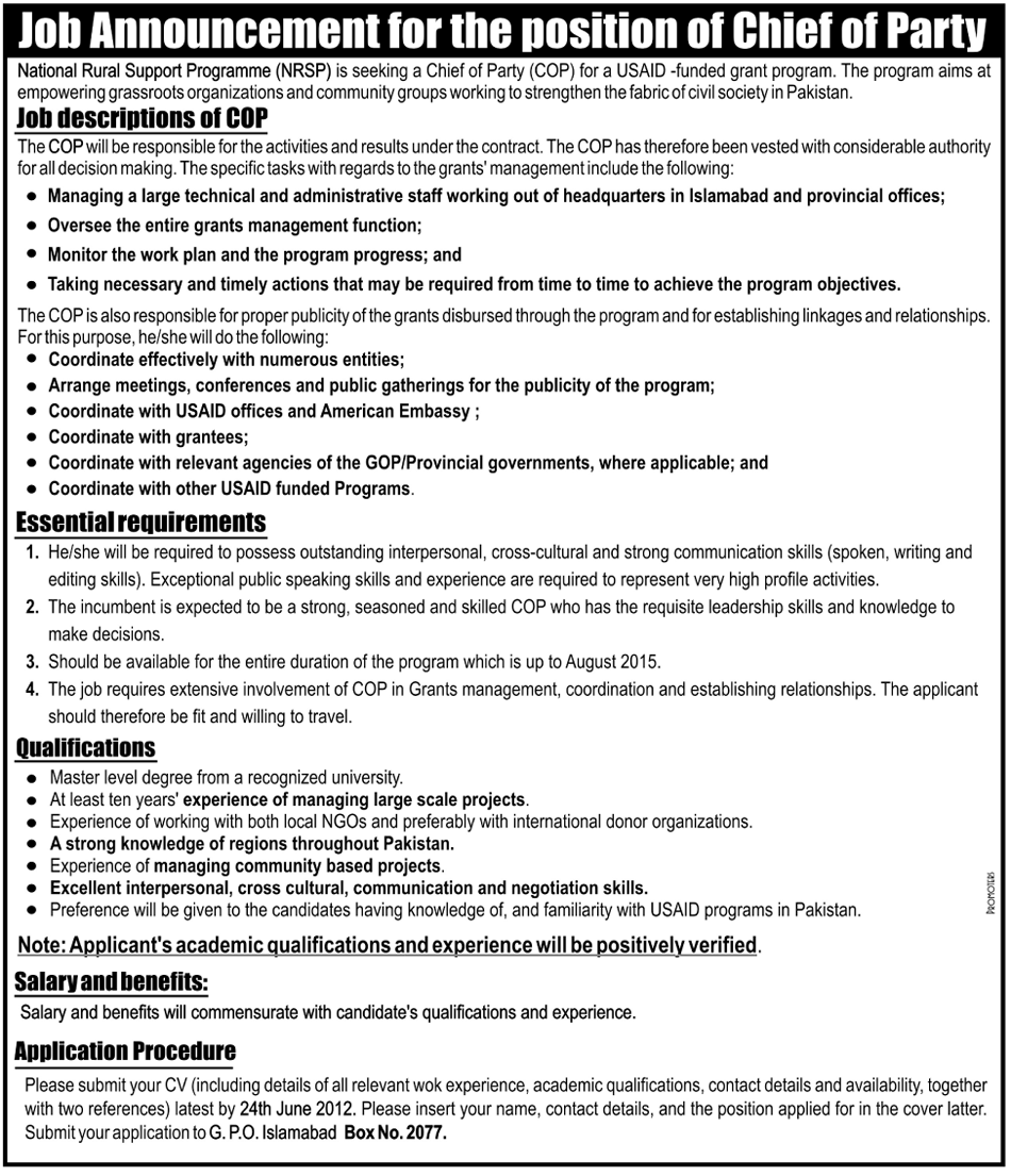 Chief of Party (COP) Required Under USAID Funded Program (NRSP)