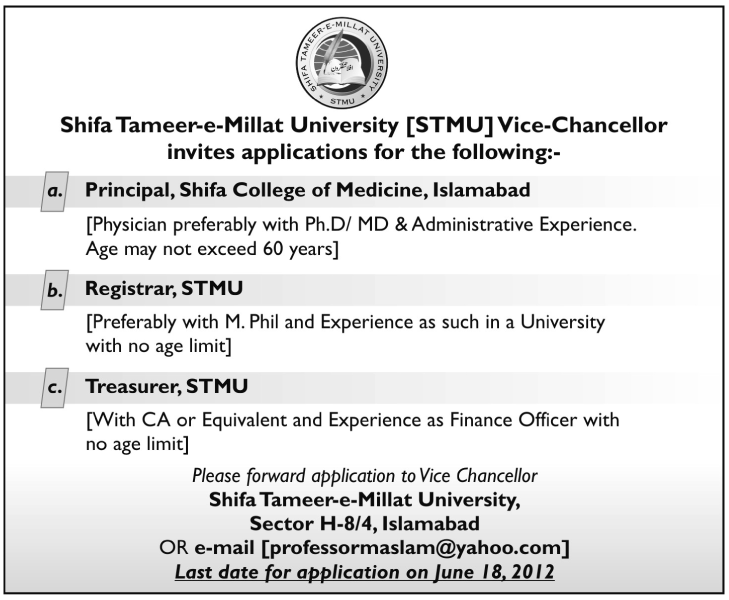 Administrative Staff Required at Shifa Tameer-e-Millat University (STMU)