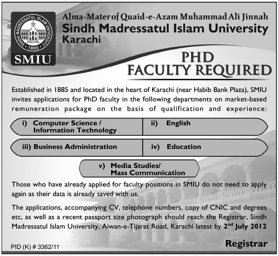 Teaching Faculty Required at Sindh Madressatul Islam University (SMIU)