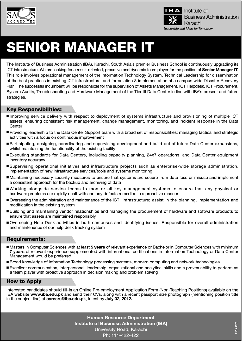 Senior Manager IT Required at IBA Institute of Business Administration