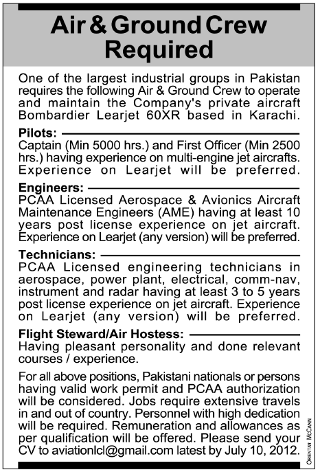 Air & Ground Crew Required by a Renowned Industrial Group