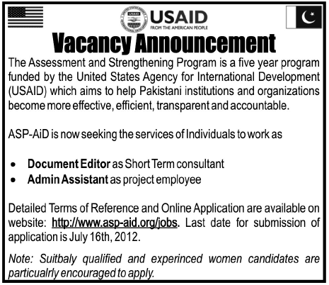 USAID Requires Document Editor and Admin Assistant Under ASP-AiD Project (UN. job)