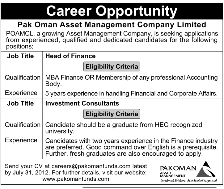 POAMCL Pak Oman Asset Management Company Limited Requires Head of Finance and Consultants