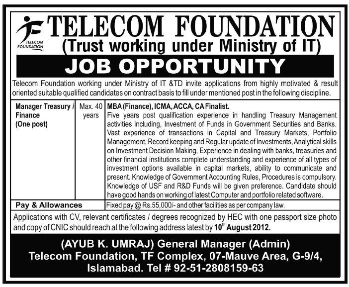 Telecom Foundation Requires Manager Treasury/ Finance Under Ministry of IT (Government Job)