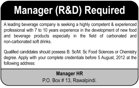 Manager R&D Required by a Leading Beverage Company