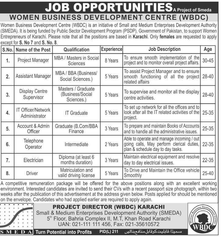 Women Business Development Centre (WBDC) Requires Female Staff Under SMEDA (NGO Job)