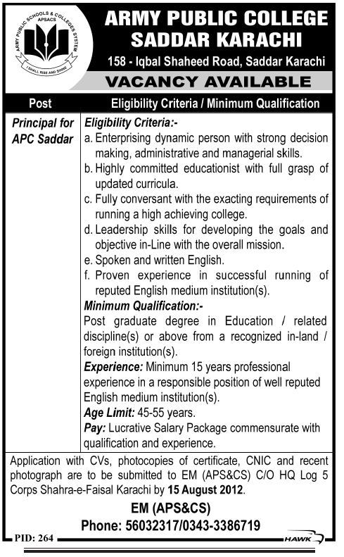 Principal Required for Army Public College