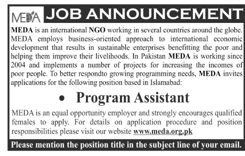 MEDA an International NGO Needed Program Assistant fro their Project (NGO Job)