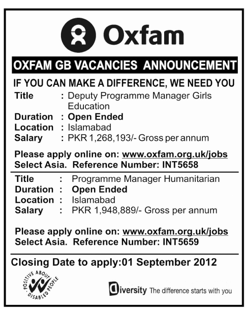 OXFAM GB an NGO Requires Management Staff (NGO job)