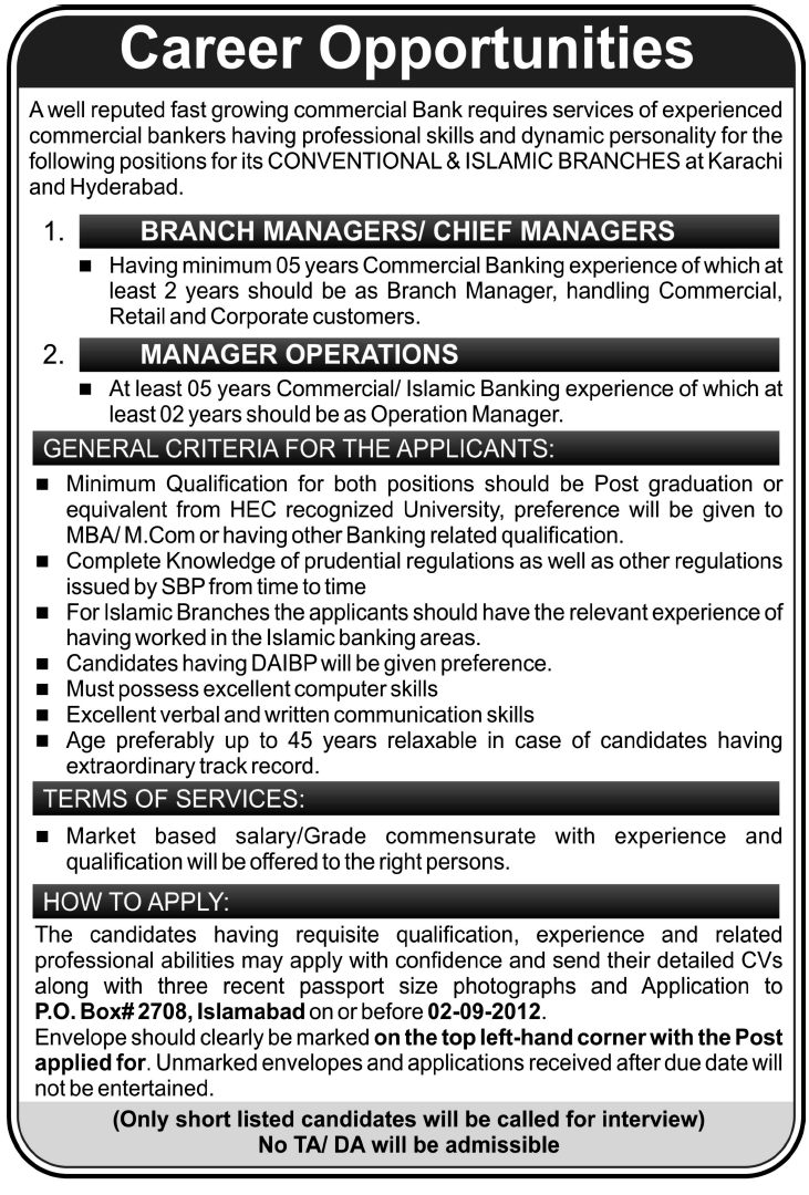A Commercial Bank Requires Manager for its Conventional & Islamic Branches (Bank Jobs)