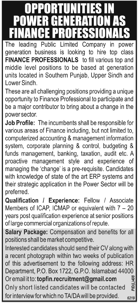 Finance Professionals Required by Power Generation Public Company