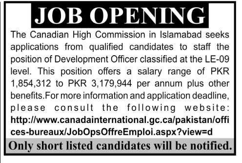 Canadian High Commission Requires Development Officer (Embassy Jobs)