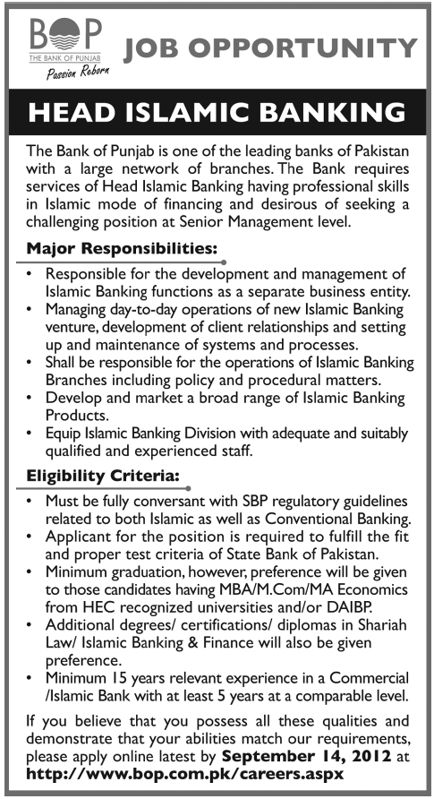 The Bank of Punjab Requires Head of Islamic Banking (Bank jobs)