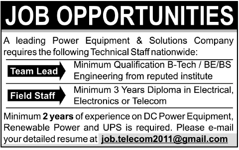 Team Lead and Field Staff Required for a Power Equipment & Solution Company