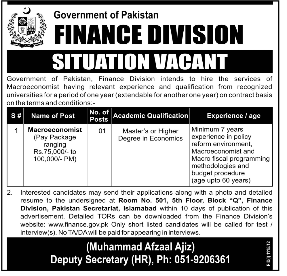 Finance Division Government of Pakistan Requires Macroeconomist (Government job)