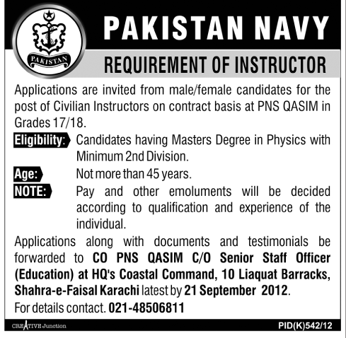 Pakistan Navy PNS Qasim Requires Civilian Instructor (Government Job)