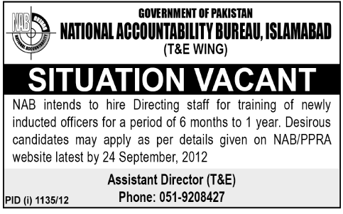 NAB National Accountability Bureau Requies Directing Staff (Government Job)
