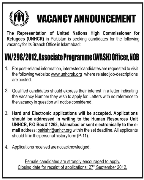 UNHCR Requires Associate Programme WASH Officer, NOB (UN jobs)