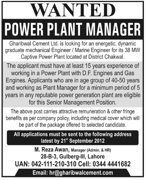 Power Plant Manager Required by Gharibwal Cement Company