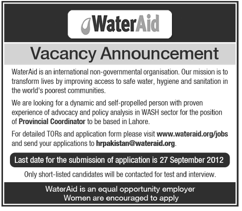 WaterAid (NGO) Requires Provincial Coordinator (NGO Jobs)