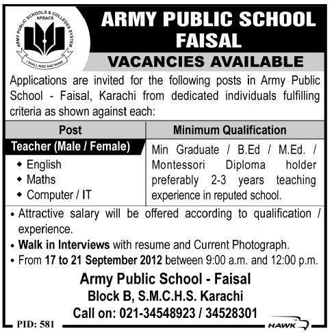 Army Public School Requires Teaching Staff