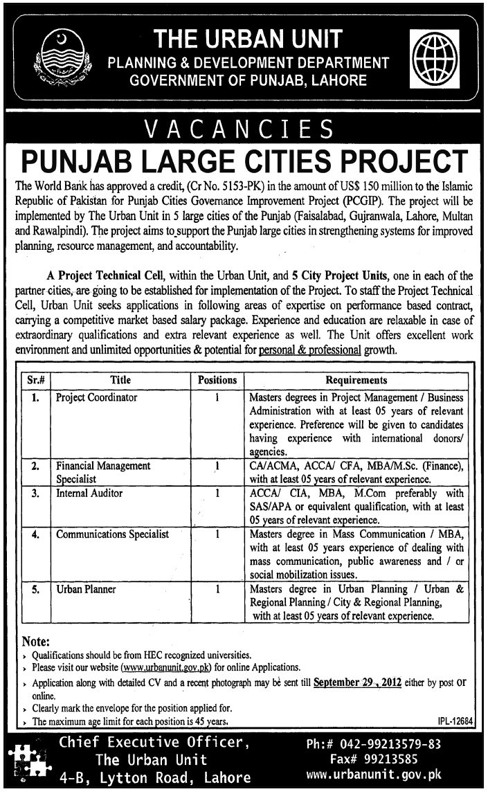 The Urban Unit Planning & Development Department Punjab Jobs (Government Job)