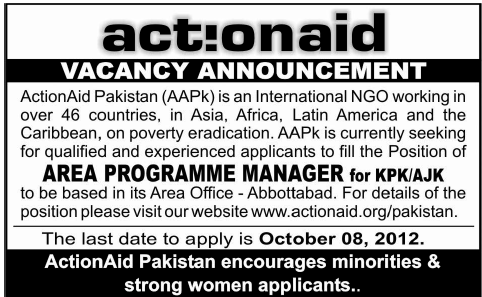 ActionAid Pakistan (An NGO) Requires Area Programme Manager