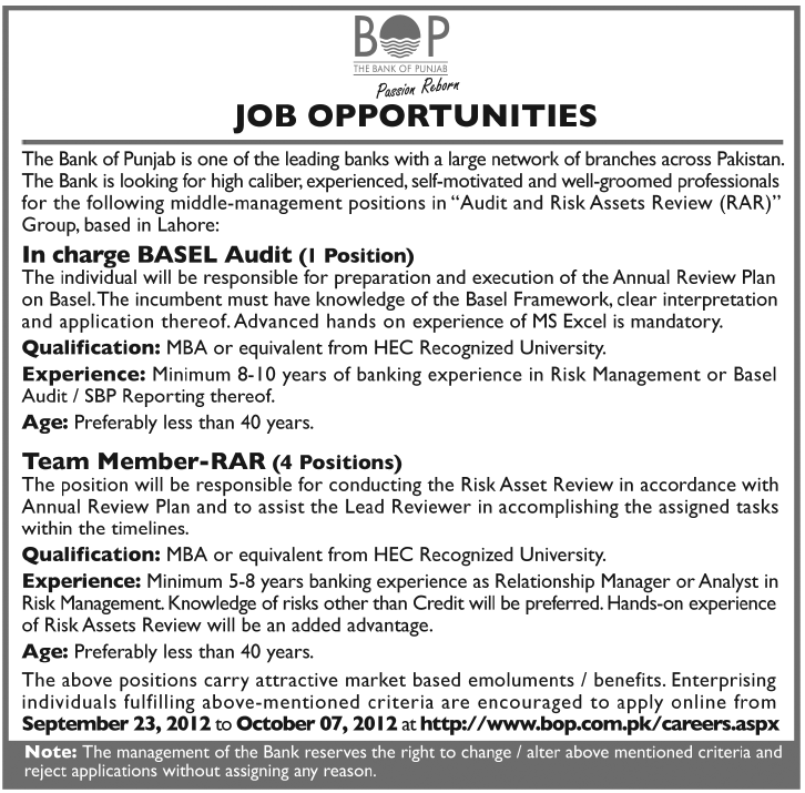 The Bank of Punjab (BOP) Requires Staff (Bank Jobs)
