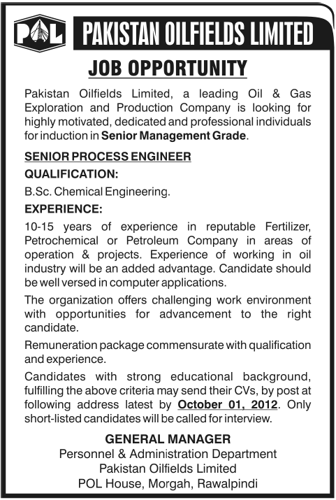 Pakistan Oilfields Limited (POL) Requires Senior Process Engineer (Oil and Gas Sector Jobs)