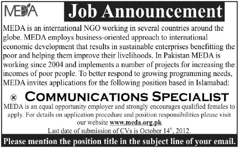 MEDA (NGO) Requires Communications Specialist