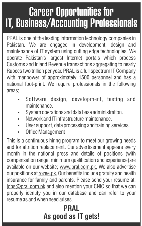 Career Oppertunities for IT, Buisness/Accounting Proffesionals in PRAL Company