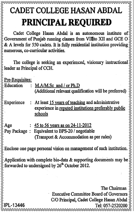 Principal Required by Cadet College Hasan Abdal (CCH)
