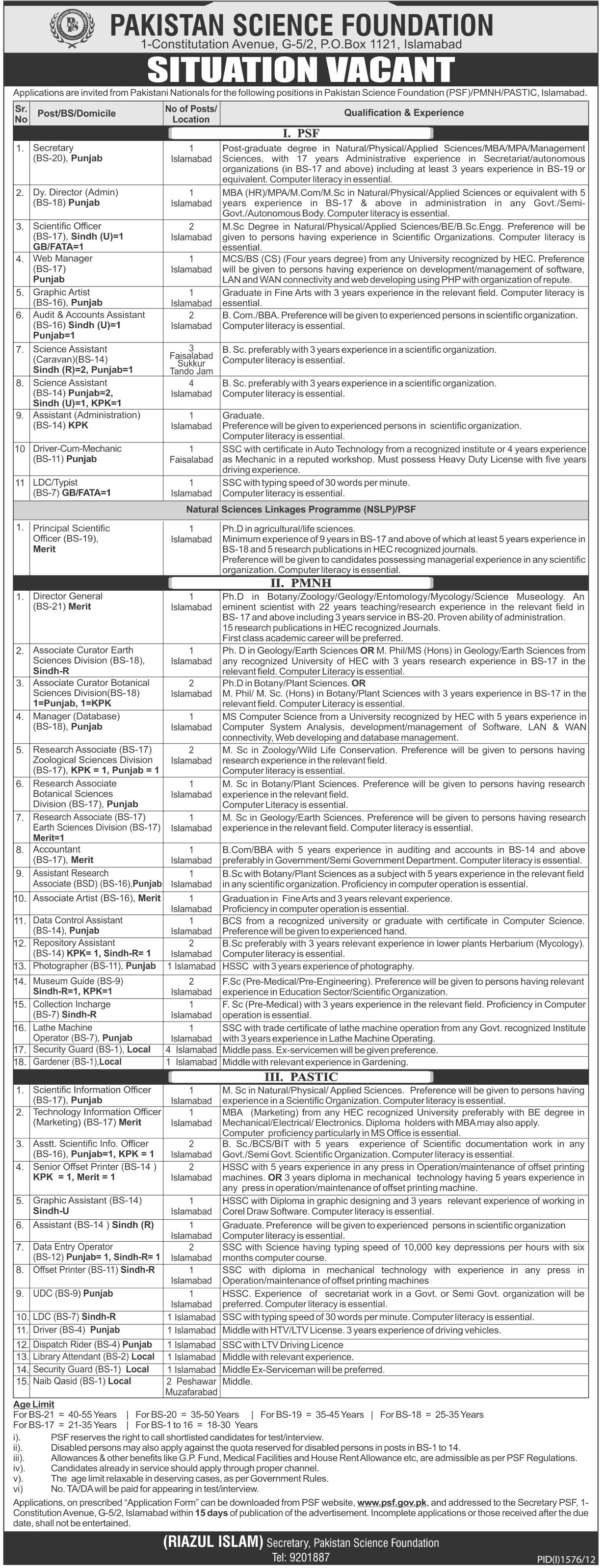 Pakistan Science Foundation (PSF), PMNH & PASTIC Jobs