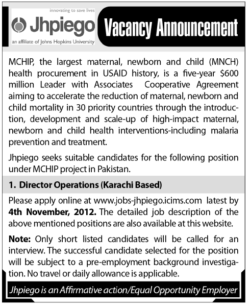 Director Operations Required in  Managed Care Health Insurance Plan (MCHIP), USAID