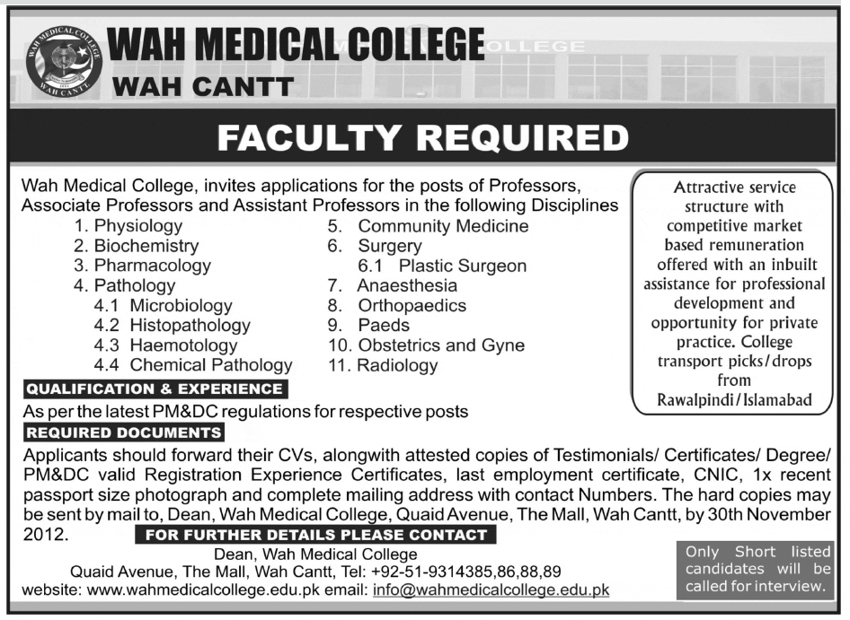 Wah Medical College Faculty Jobs