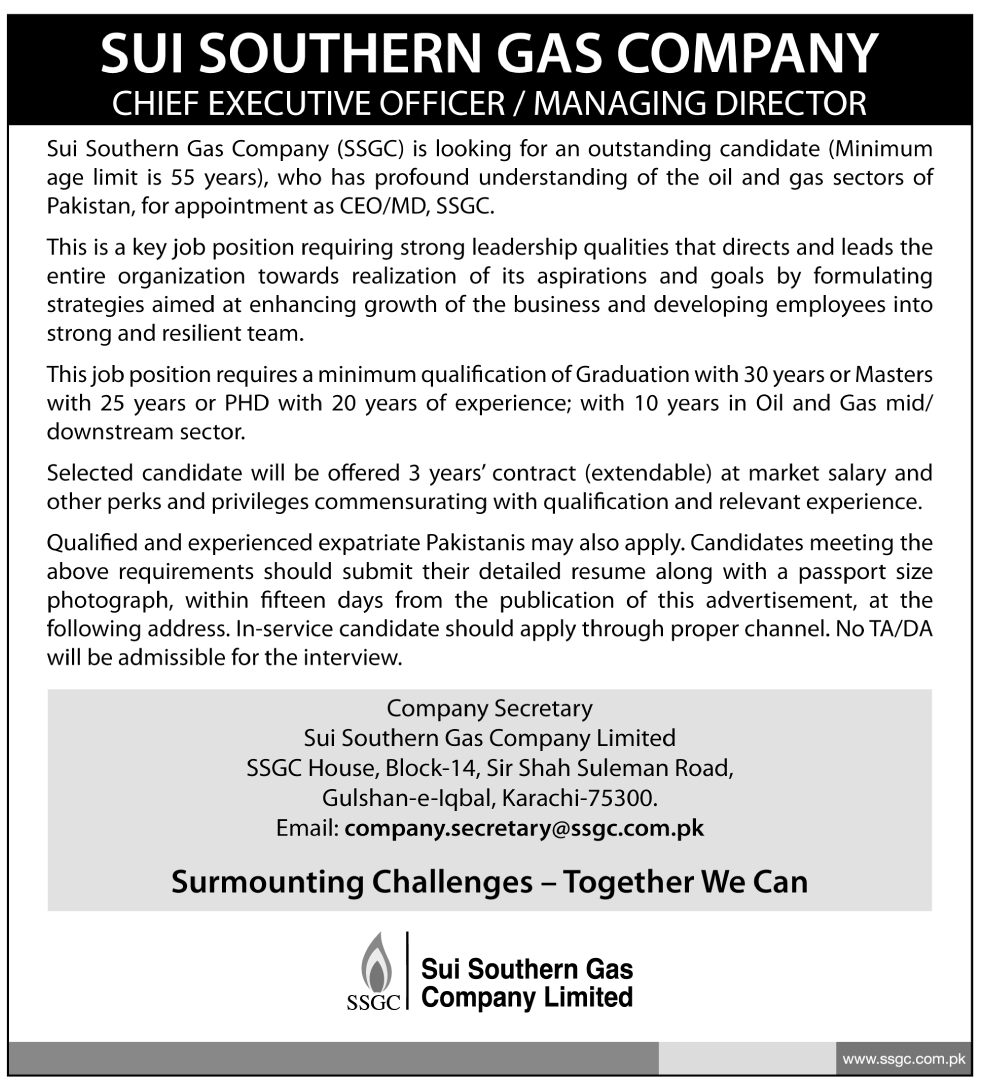 Chief Executive Officer / Managing Director Vacancy in Sui Southern Gas Company (SSGC)