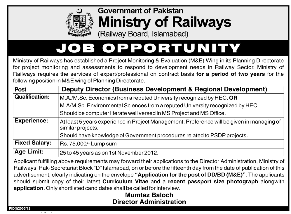 Ministry of Railways Needs Deputy Director Business & Regional Development