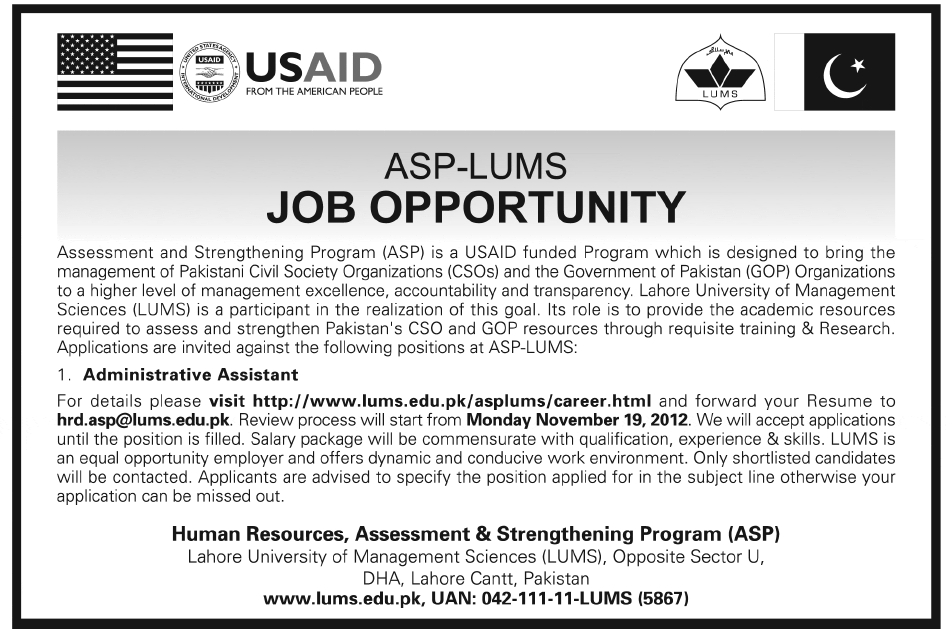 ASP-LUMS (a USAID Funded Project) Requires Administrative Assistant