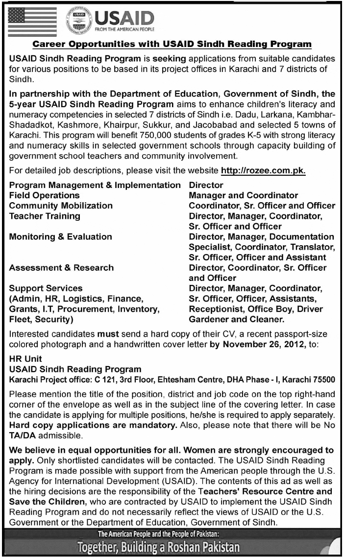 Jobs in USAID Sindh Reading Program