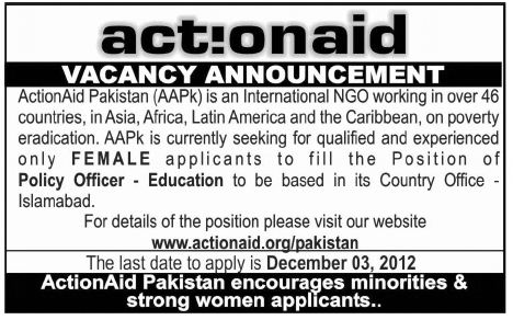 ActionAid Pakistan AAPk INGO Job for Education Policy Officer