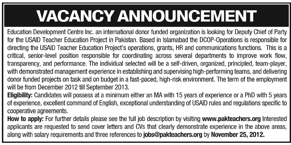 USAID Teacher Education Project’s Deputy Chief of Party (DCOP) is Required by Education Development Center