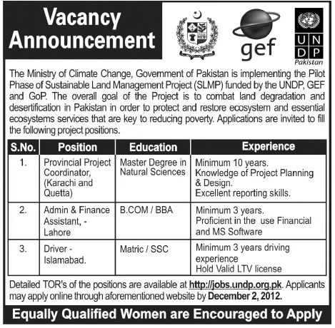 Jobs in Sustainable Land Management Project (SLMP) by Ministry of Climate Change, UNDP & GEF