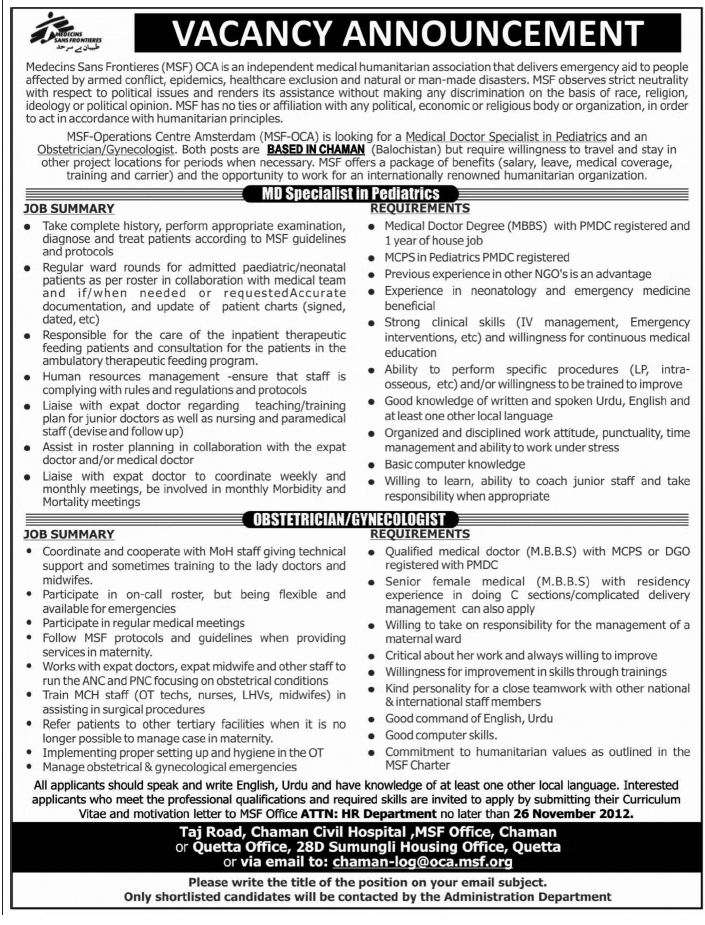MSF OCA INGO Jobs for Medical Doctors (Pediatrics and Obstetrician/Gynecologist)